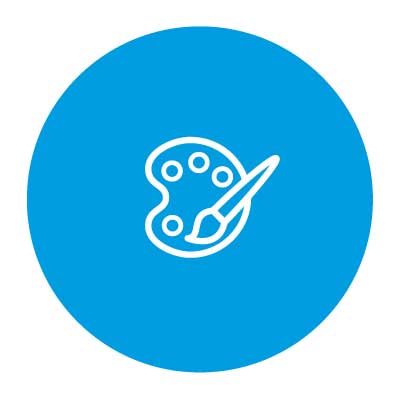 Blaues Kreis-Icon mit Farbpalette und Pinsel