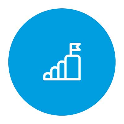 Blaues Kreis-Icon mit aufsteigendem Balkendiagramm und Flagge
