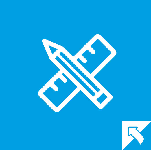 Weißes Symbol aus gekreuztem Stift und Lineal auf blauem Hintergrund